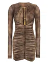 Elisabetta Franchi Dress In Tulle Fabric With Python Print And Necklace In Brown