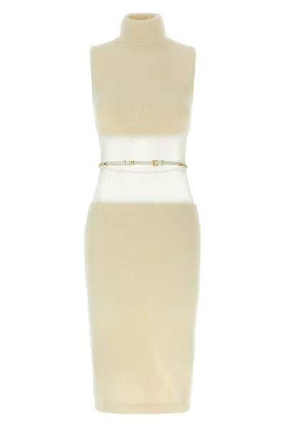 Elisabetta Franchi Turtleneck Sleeveless Dress Open Back In Neutral