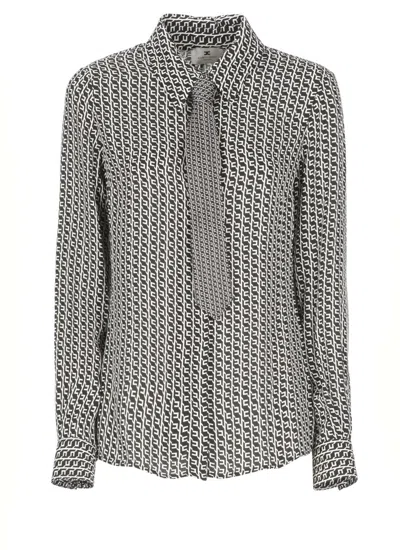 Elisabetta Franchi Geometric Print Viscose Shirt With Classic Collar In Gray