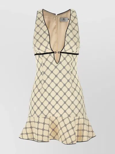 Elisabetta Franchi Geometric Ruffle Hem V-neck Dress In Neutral