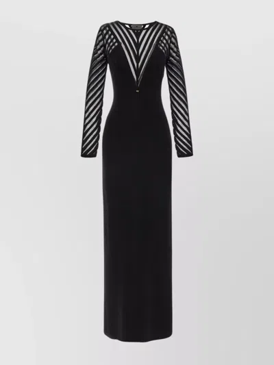 Elisabetta Franchi Geometric Silhouette Dress With Sheer Striped Sleeves In Black