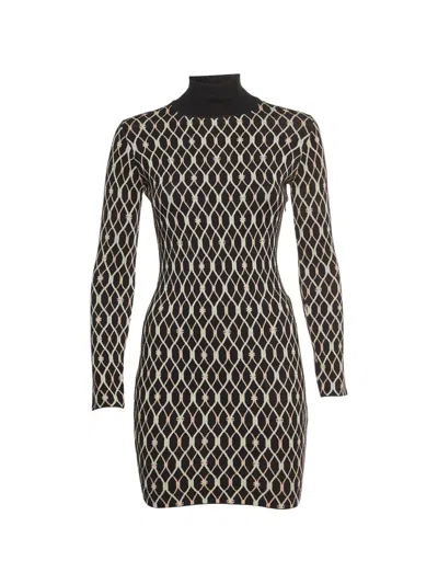 Pre-owned Elisabetta Franchi Geometric-pattern Mock-neck Mini Dress In Black