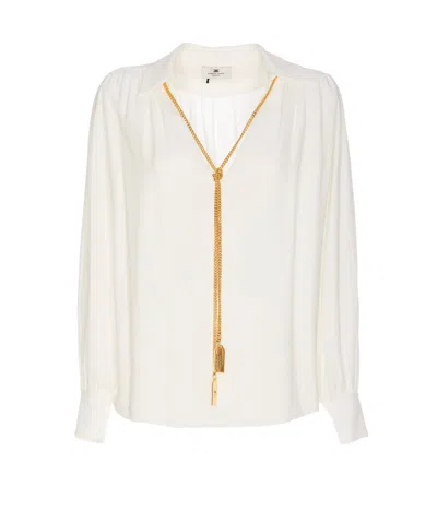 Elisabetta Franchi Georgette Blouse With Charms Necklace In Beige
