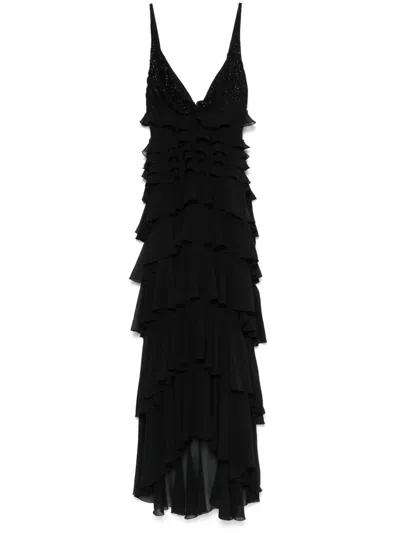 Elisabetta Franchi Georgette Flounced Gown In Black