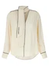 Elisabetta Franchi Georgette Blouse With Contrast Piping And Neck Tie In Neutrals