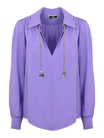 Elisabetta Franchi Georgette-bluse Mit Logo-print In Iris