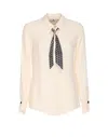 Elisabetta Franchi Casual Georgette Collared Neck Top With Logo Scarf In Neutral
