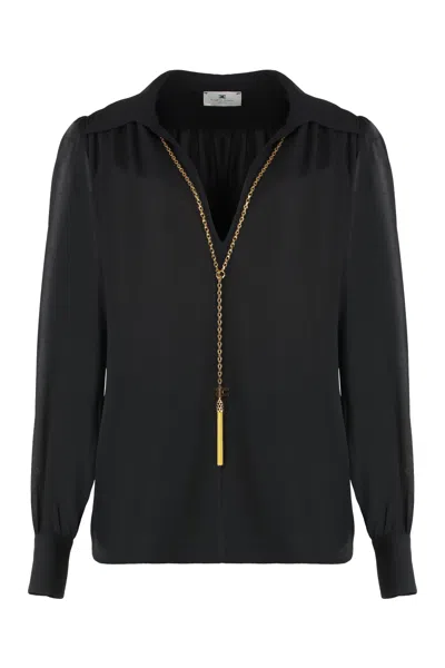 Elisabetta Franchi Georgette Shirt With Removable Logo Necklace In Black
