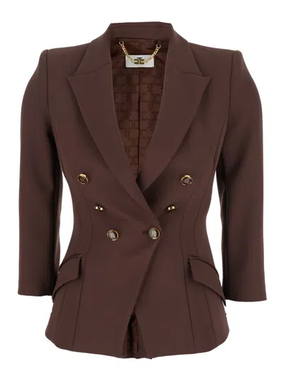 ELISABETTA FRANCHI BROWN JACKET WITH CLASSIC LAPELS AND DOUBLE-BREASTED FASTENING IN FABRIC WOMAN