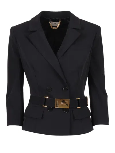 Elisabetta Franchi Jacket In Stretch Technical Fabric With Belt In Blue