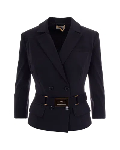 Elisabetta Franchi Jacket In Stretch Technical Fabric With Belt In Blue
