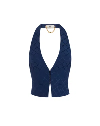 Elisabetta Franchi Gilet In Satin Con Losanga Jacquard In Blue