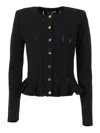 Elisabetta Franchi Tricot Pattern Sweater With Padded Shoulder Straps And Embroidered Hem In Black