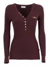 Elisabetta Franchi Burgundy Ribbed Sweater With Pocket In Brown
