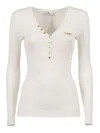 Elisabetta Franchi Fitted Long-sleeve Top With Deep V-neckline And Decorative Detail In Neutral