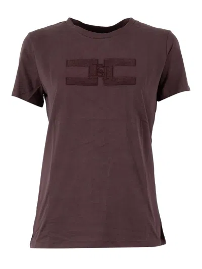 Elisabetta Franchi Textured Logo Cotton T-shirt In Brown