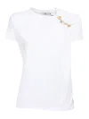 Elisabetta Franchi Asymmetric Neckline T-shirt With Gold Brooch Accents In White