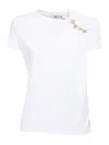 Elisabetta Franchi Asymmetric Neckline T-shirt With Gold Brooch Accents In White
