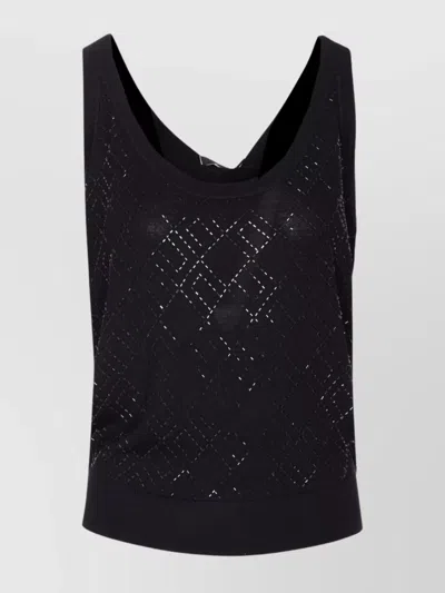 Elisabetta Franchi Glitter Geometric Knit Scoop Ribbed Top In Black