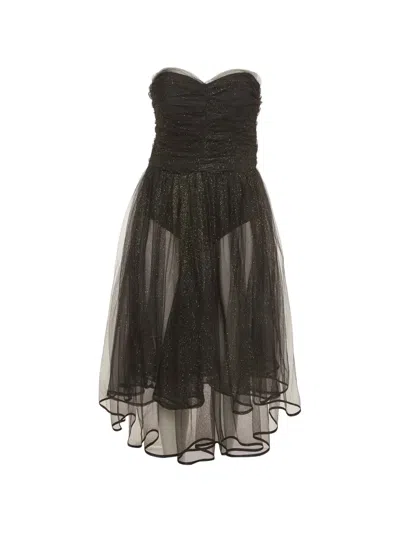 Pre-owned Elisabetta Franchi Glitter-embellished Ruched-design Midi Dress In Black