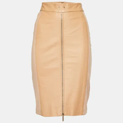 Pre-owned Elisabetta Franchi Gold Beige Leather & Jersey Pencil Skirt L