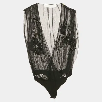 Elisabetta Franchi Gold Black Embellished Tulle Sleeveless Bodysuit