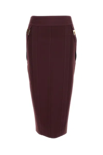 ELISABETTA FRANCHI ELISABETTA FRANCHI GOLD-COLORED BUCKLE ACCENTS BURGUNDY MIDI SKIRT