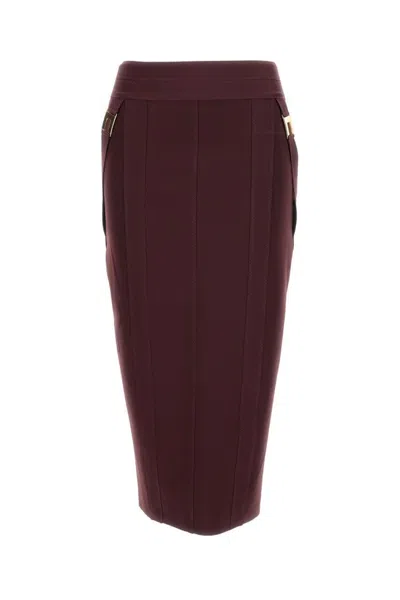 ELISABETTA FRANCHI GOLD-COLORED BUCKLE ACCENTS BURGUNDY MIDI SKIRT