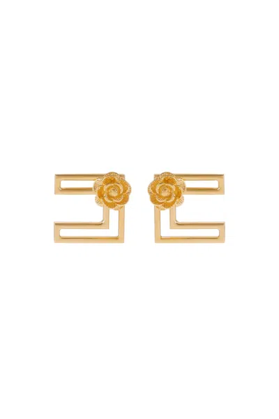 Elisabetta Franchi Gold Metal Earrings With Roses In Oro Giallo