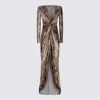 Elisabetta Franchi Draped Metallic Knee Length Dress With Sleeves In Brown