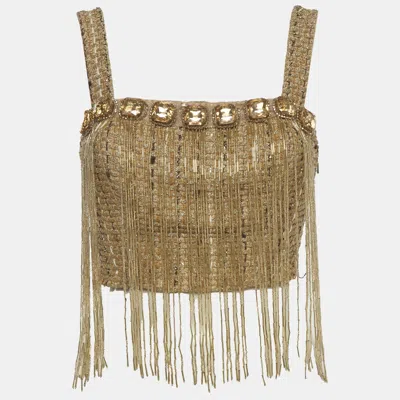 Pre-owned Elisabetta Franchi Gold Tweed Sequin Embroidered Strappy Top M