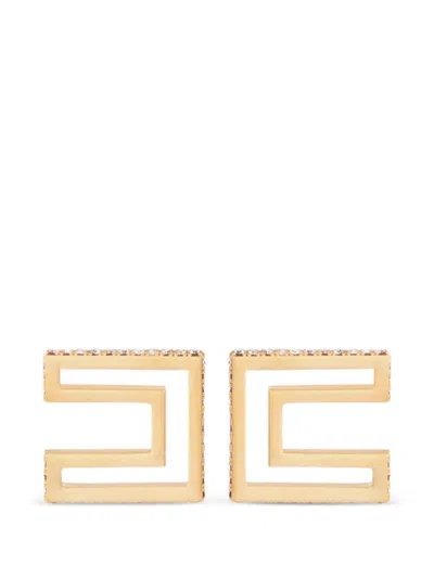 Elisabetta Franchi Golden Rhinestone Logo Stud Earrings In Purple