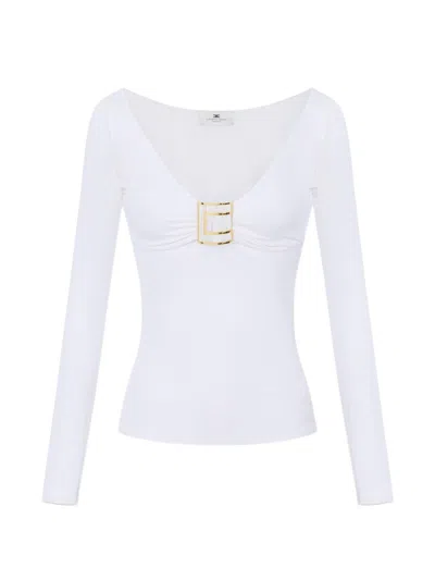 Elisabetta Franchi Gold-plaque V-neck Sweater In White