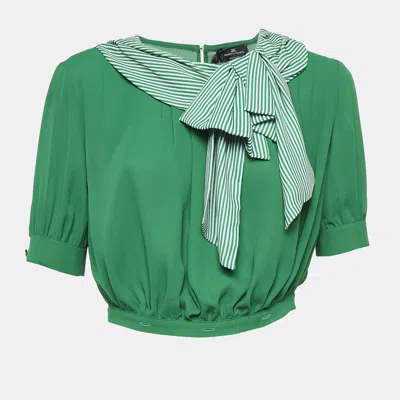 Pre-owned Elisabetta Franchi Green Crepe Bow Detail Top M