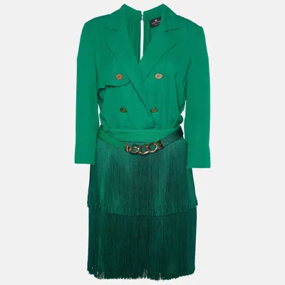 Pre-owned Elisabetta Franchi Green Crepe Fringed Mini Dress M