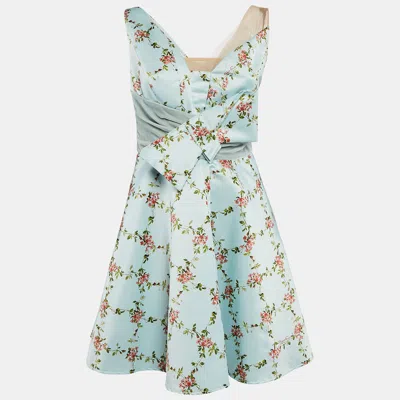 Pre-owned Elisabetta Franchi Green Floral Print Satin Bow Detail Fit And Flare Dress M