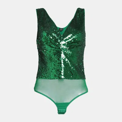 Elisabetta Franchi Green Sequin Tulle Sleeveless Bodysuit