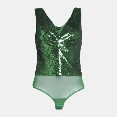Pre-owned Elisabetta Franchi Green Sequin Tulle Sleeveless Bodysuit S
