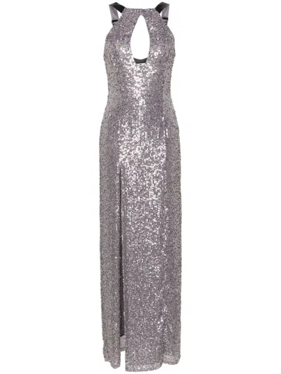 Elisabetta Franchi Halterneck Sequined Maxi Dress In Silver