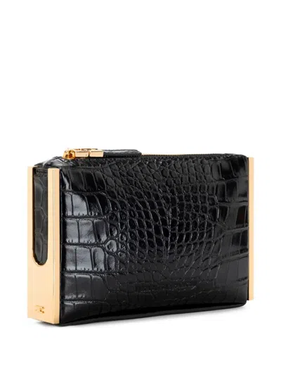 Elisabetta Franchi Compact Crocodile-textured Handbag With Gold Accents In Black