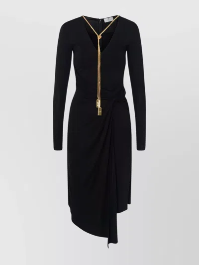 Elisabetta Franchi Hemline Asymmetry Draped Detail Sleeves V-neck In Black