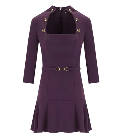 Elisabetta Franchi High-collar Purple Dress With Gold Logo Buttons And Flounce Detail