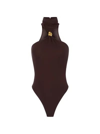 Elisabetta Franchi Bodysuit With Jewel Detail In Brown