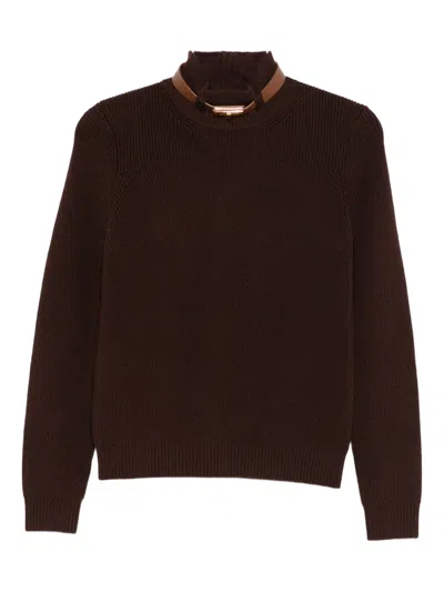 Elisabetta Franchi High-neck Leather-trimmed Sweater In Brown