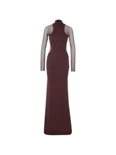 Elisabetta Franchi High-neck Transparent-sleeves Dress In Brown