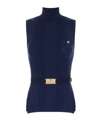 ELISABETTA FRANCHI ELISABETTA FRANCHI LOGO EMBROIDERED NARROW-RIBBED TURTLENECK TOP