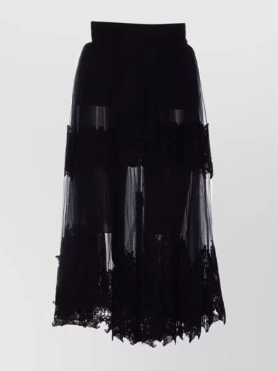 Elisabetta Franchi High Waist Embroidered Midi Skirt With Sheer Overlay In Black