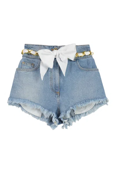 Elisabetta Franchi High-waisted Denim Shorts With Frayed Hem And Belted Waist For Women In Blue