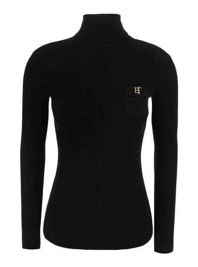 Elisabetta Franchi High-neck Logo Rib Knit Cotton Sweater For Women In Black