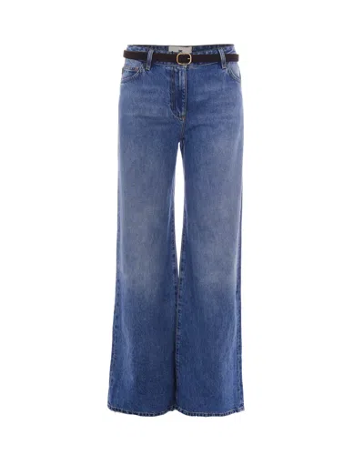 Elisabetta Franchi High-rise Wide-leg Jeans With Belt In Blue Vintage